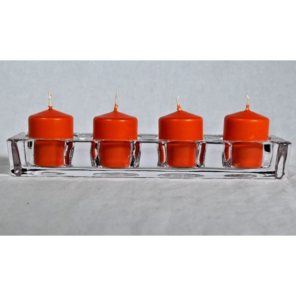 Heavy Glass Rectangle Votive Candle Holder w/ 4 Candles Centerpiece